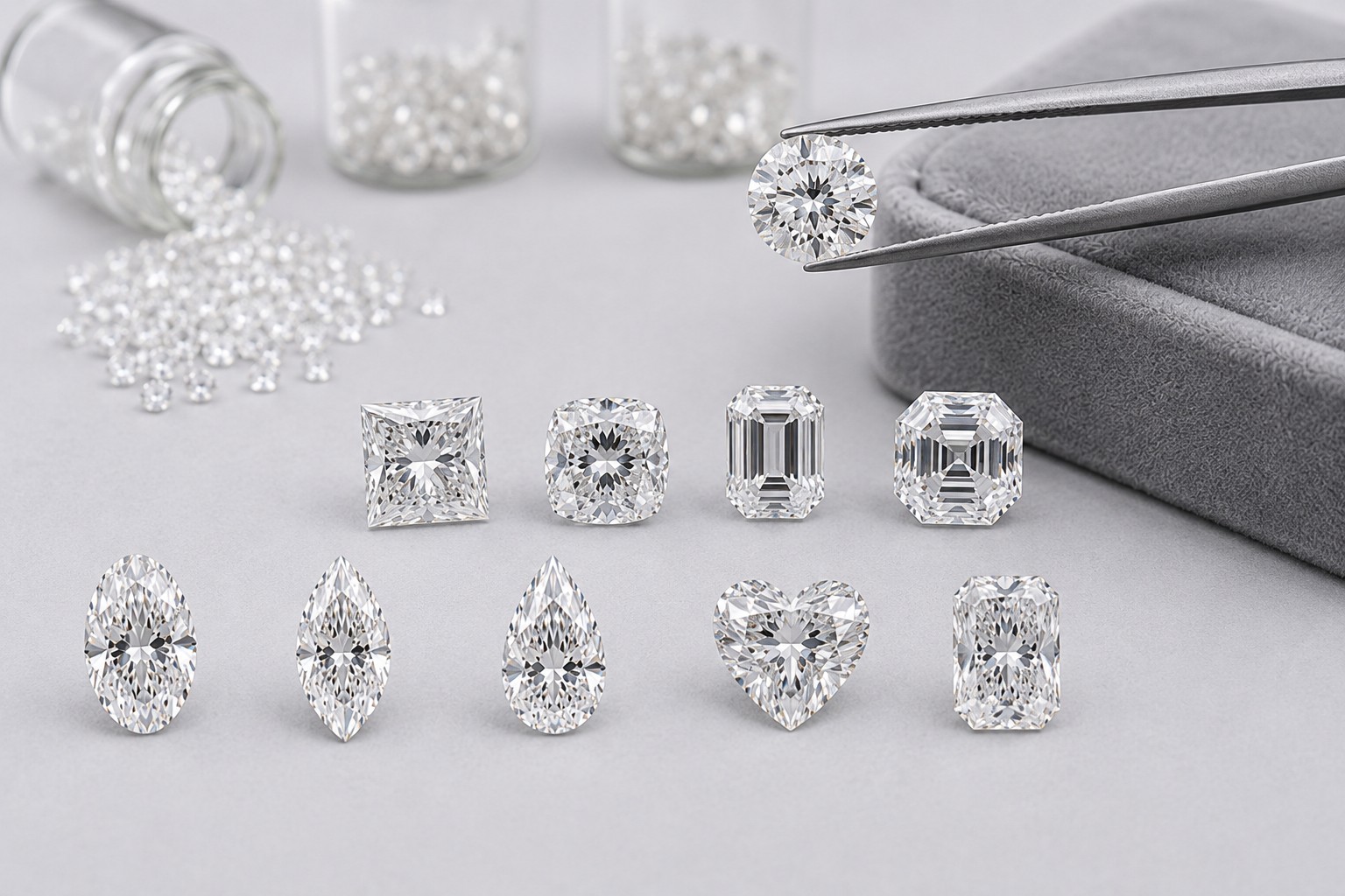 All 10 certified diamond shapes displayed together — round, oval, princess, cushion, emerald, pear, marquise, radiant, Asscher and heart — Diamantwerp Antwerp
